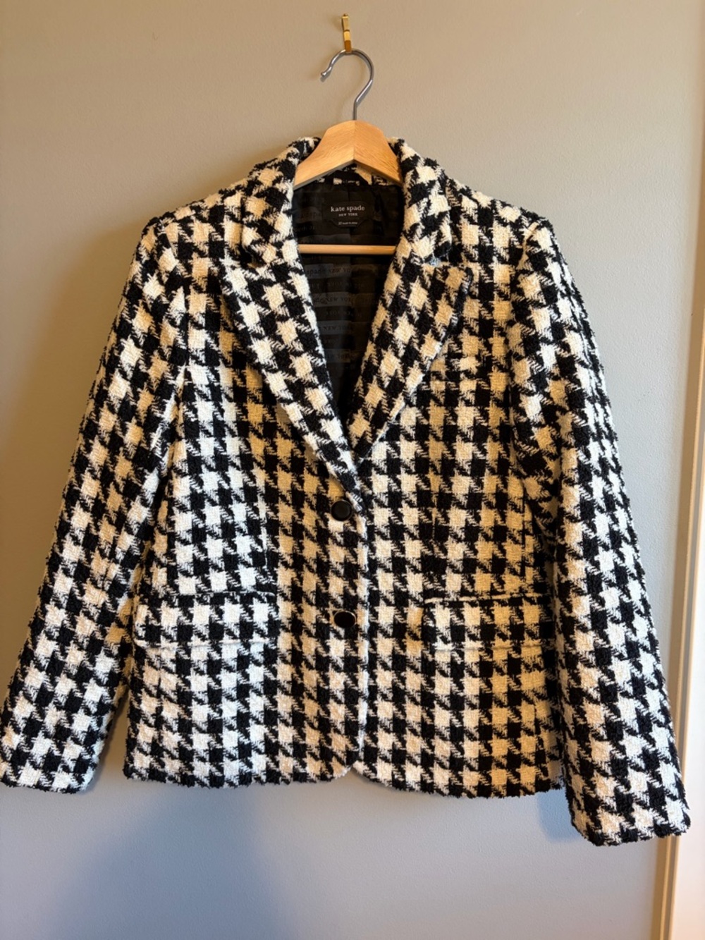 kate spade Black & White Houndstooth Tweed Blazer Jacket